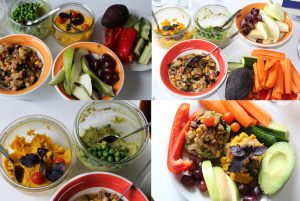 Frokost med smørepålæg, grøntsager og frugt, samt rester af chiligojigryde