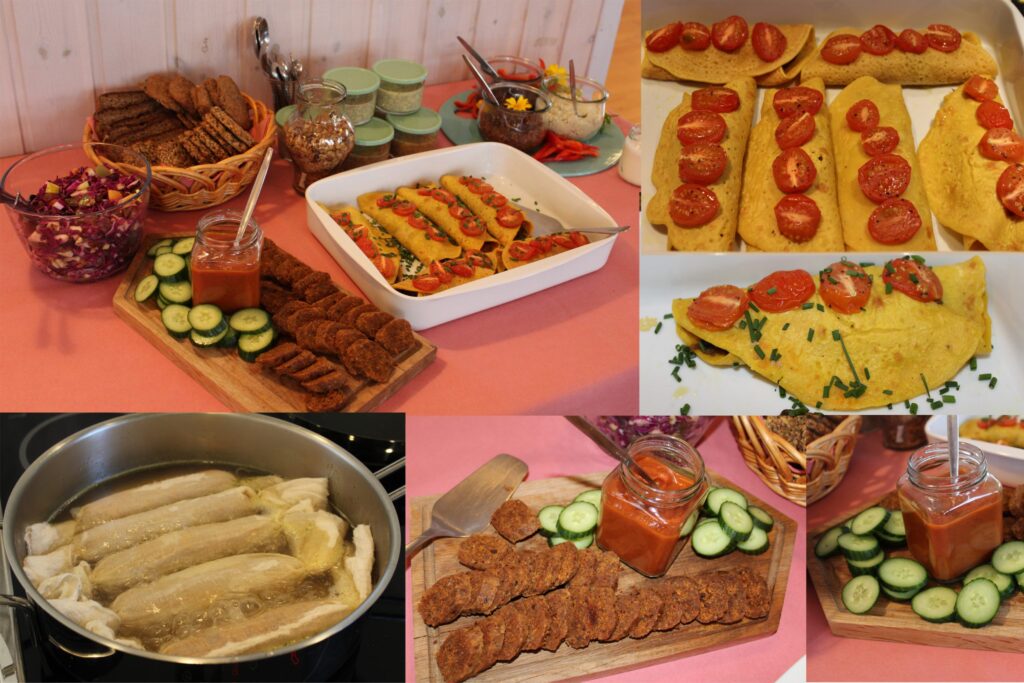 Vegansk brunchbuffet med kikærteomelet og chorizo