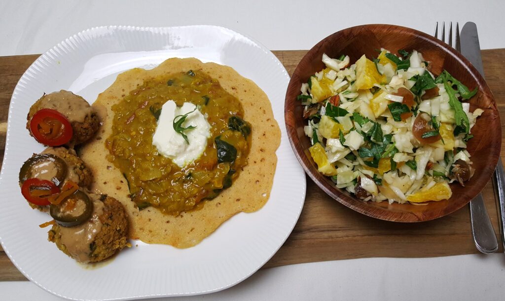 Dosa med dhal og falafler